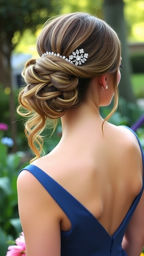 A woman with a chic half-up half-down hairstyle adorned with a sparkling hair accessory, wearing a blue gown.