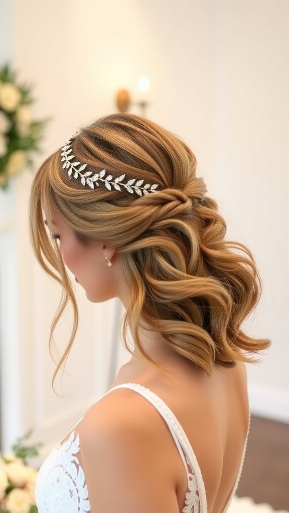 Bridal half-up hairstyle with side-swept waves and a decorative hair band