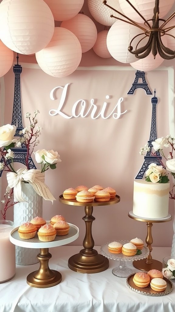 Chic Parisian bridal shower setup with cupcakes and Eiffel Tower decorations