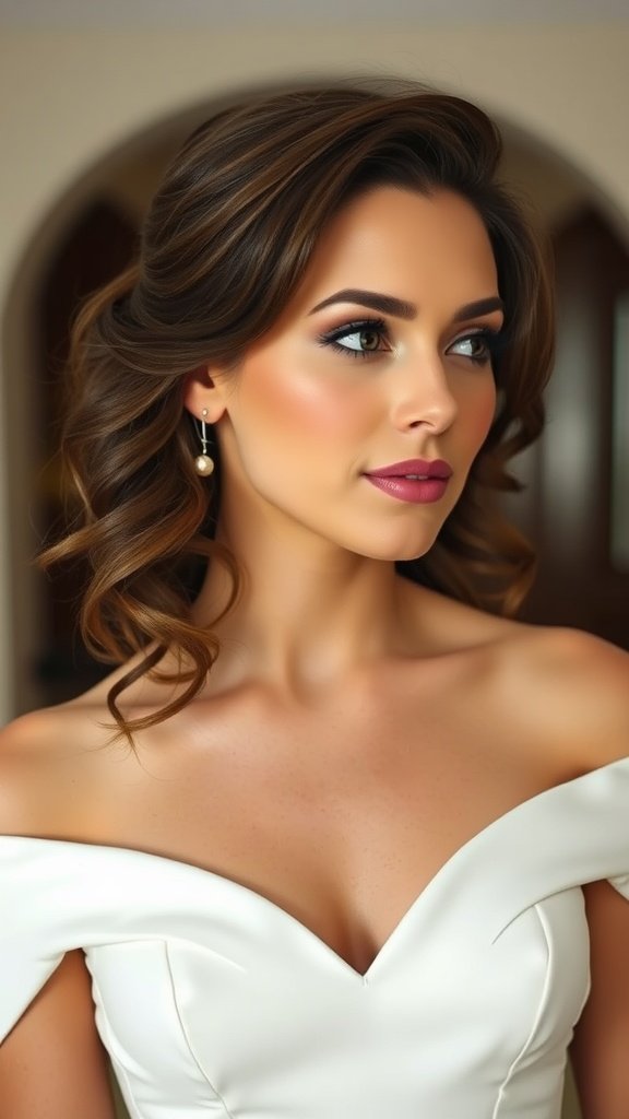 Bride with side-swept curls and makeup, wearing a strapless wedding dress.