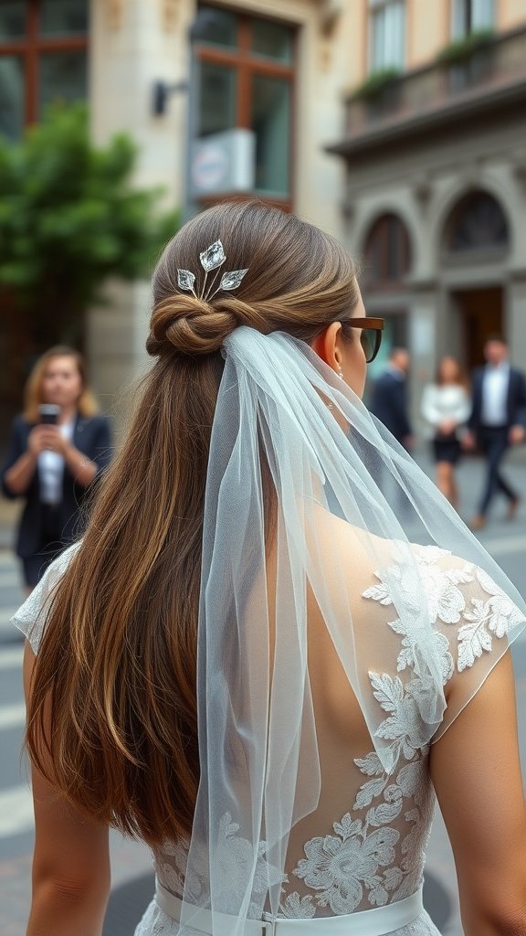 A bride with long straight hair styled down, adorned with statement hairpins and a flowing veil, walking in a city setting.