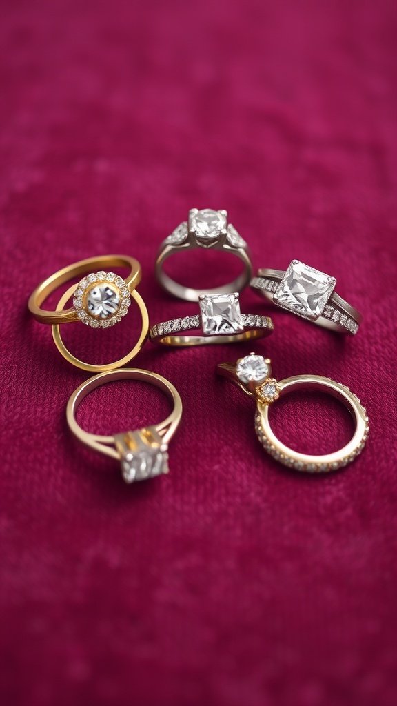 An assortment of wedding and engagement rings in various metals including yellow gold, white gold, and platinum.