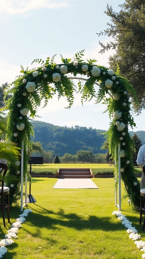 An outdoor wedding ceremony setup featuring a floral archway, a grassy aisle, and a scenic background.