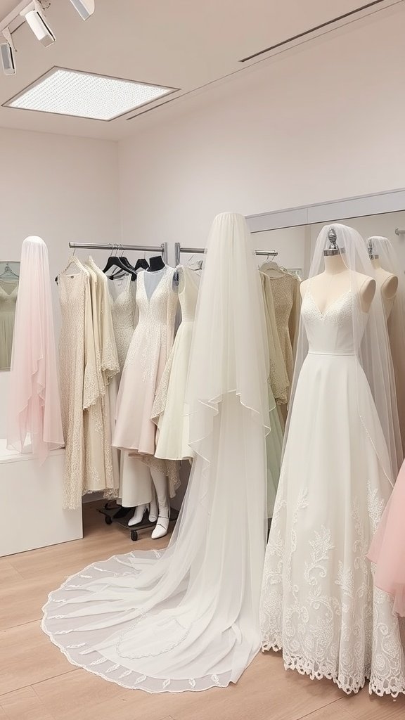 A display of wedding dresses and veils in a bridal boutique, showcasing various styles in soft colors.