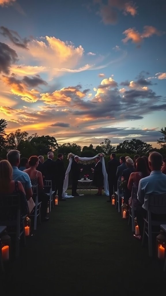 An outdoor wedding ceremony at sunset with guests seated and a colorful sky.