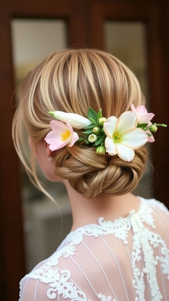 A bridesmaid hairstyle featuring a classic chignon adorned with floral accents