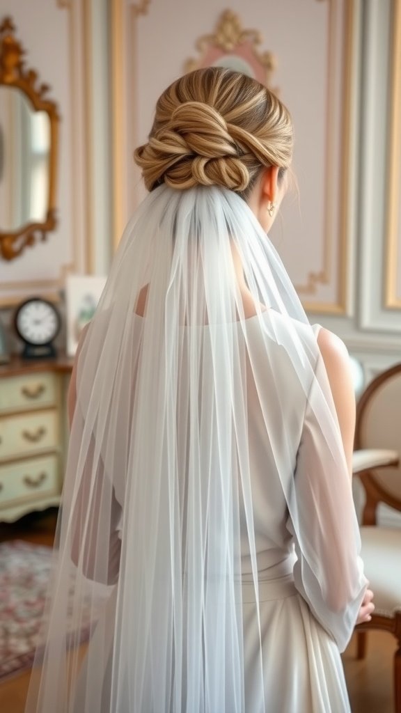 A bride showcasing a classic French twist hairstyle adorned with a flowing veil.