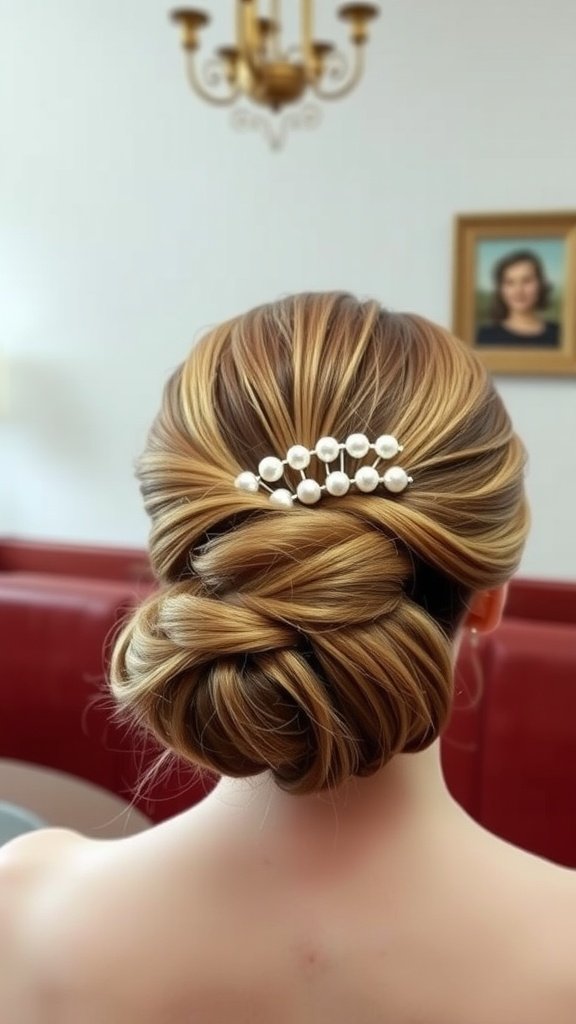 A classic half-up twist hairstyle adorned with pearl pins, showcasing elegant hair styling.