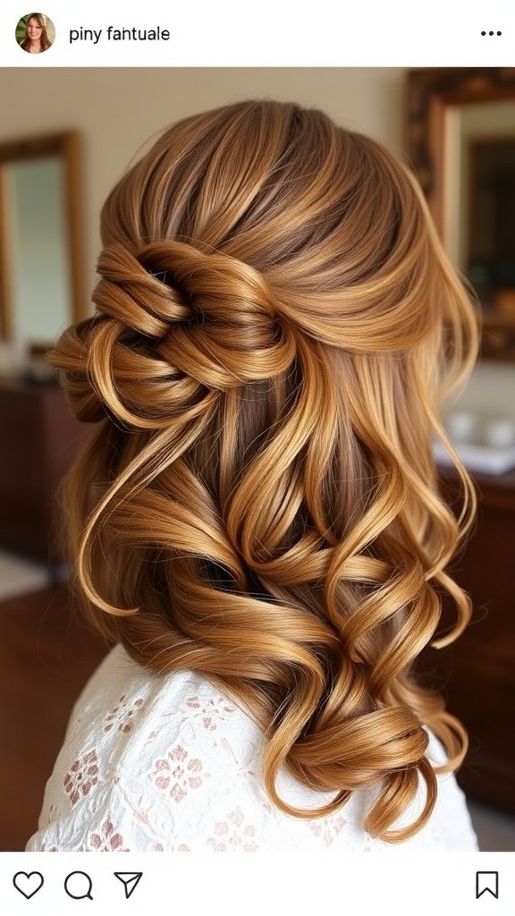 A classic half up half down hairstyle with elegant twists and soft curls.