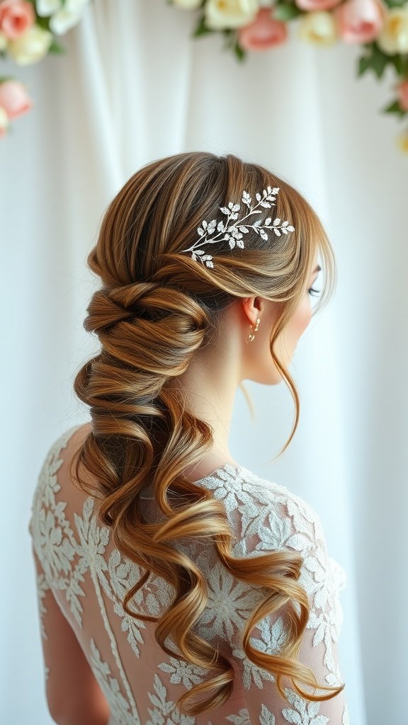 A bride's classic low ponytail styled with soft waves and a decorative hairpiece.