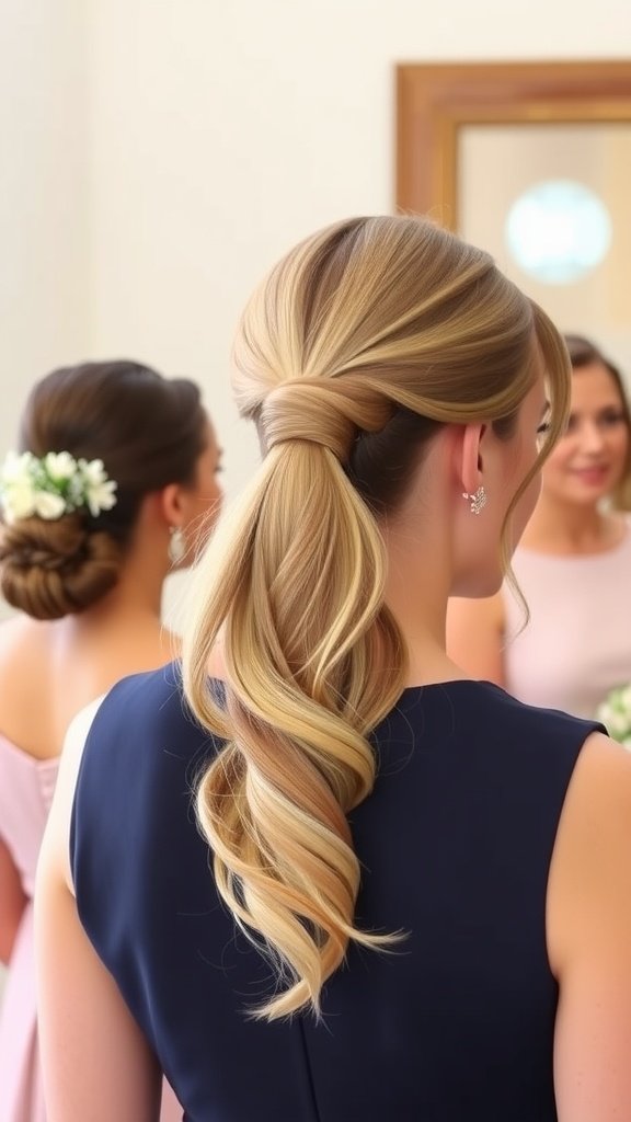 A beautiful voluminous ponytail hairstyle for bridesmaids, featuring soft waves and a floral hair accessory.