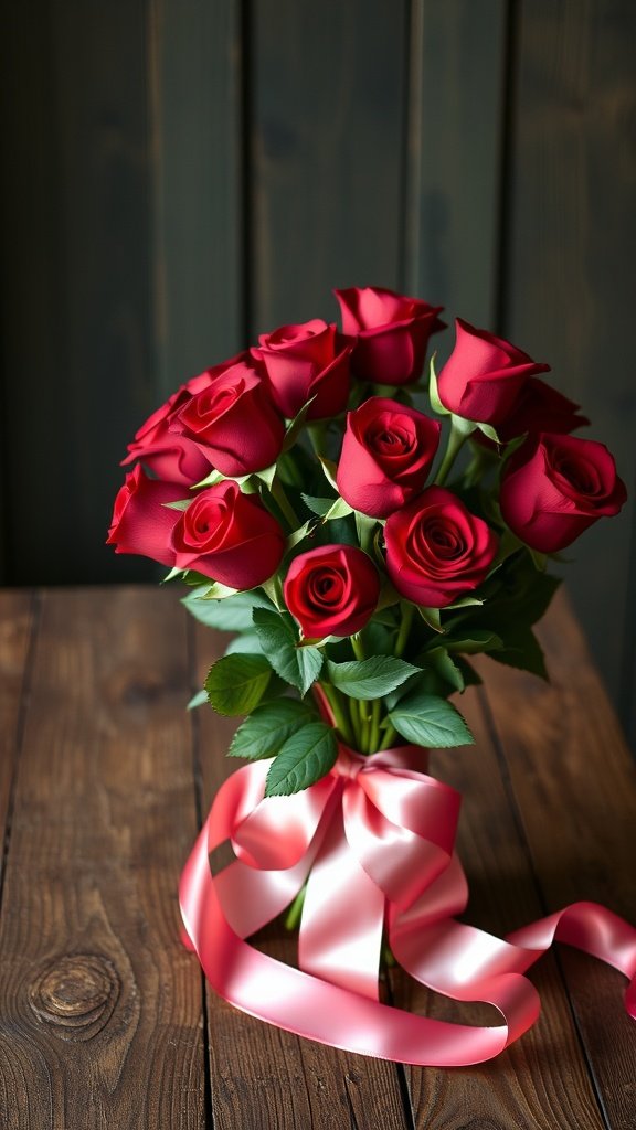 A bouquet of red roses tied with a pink ribbon on a wooden table