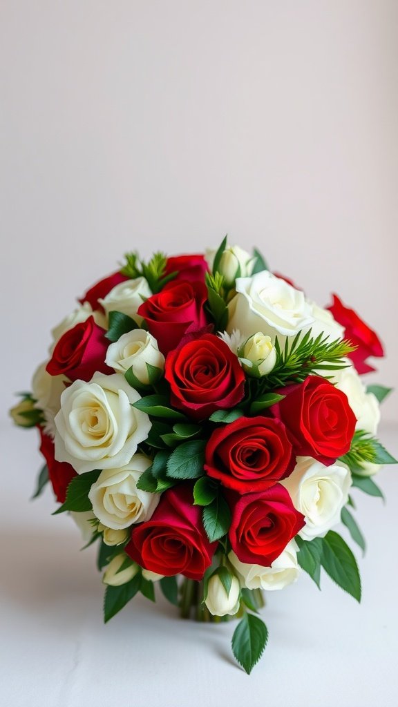 A bridal bouquet featuring red and white roses with greenery.