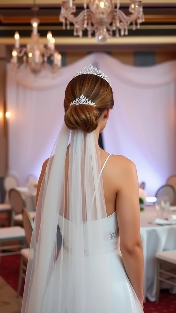 Bride with classic straight hair and tiara, showcasing a refined wedding hairstyle
