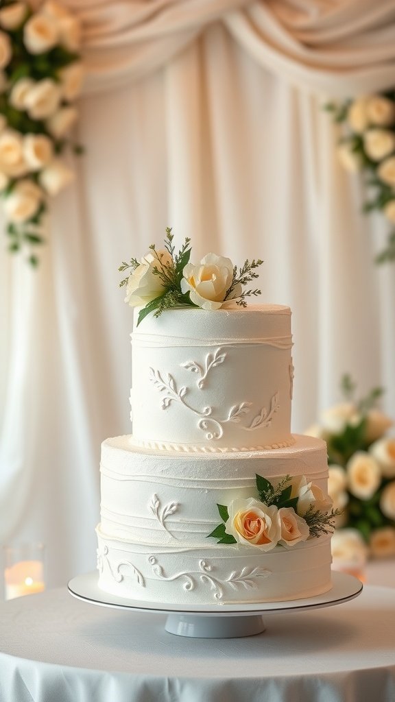 A classic tiered wedding cake decorated with white frosting and roses