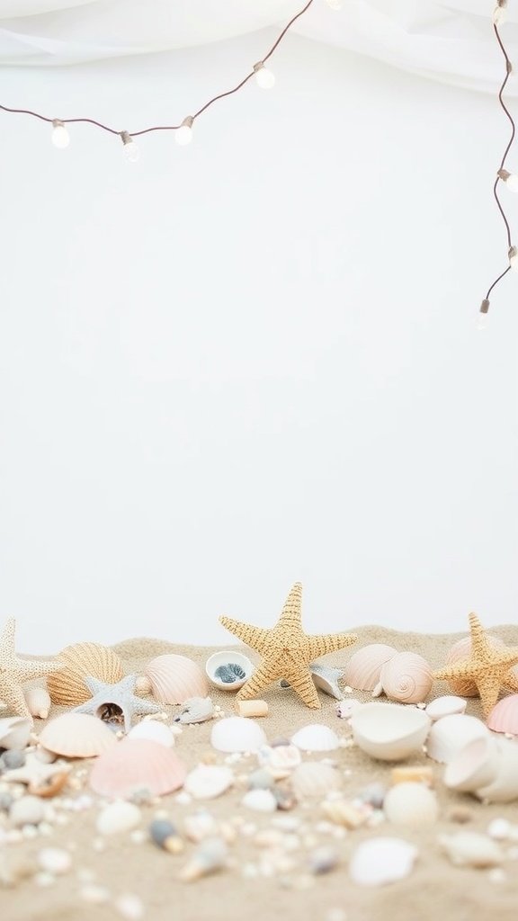 A coastal scene with seashells, starfish, and string lights on a sandy surface.