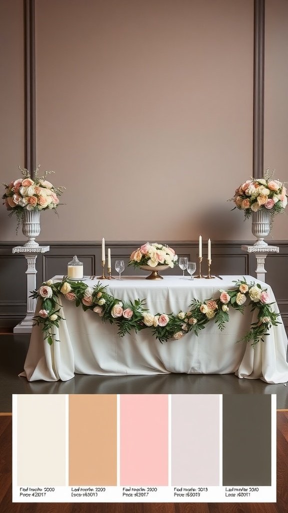 Elegant bride and groom table with floral arrangements and pastel color palette