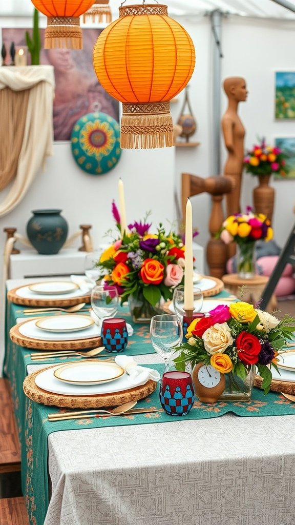 A colorful wedding table setting featuring orange lanterns, vibrant flowers, and unique tableware.