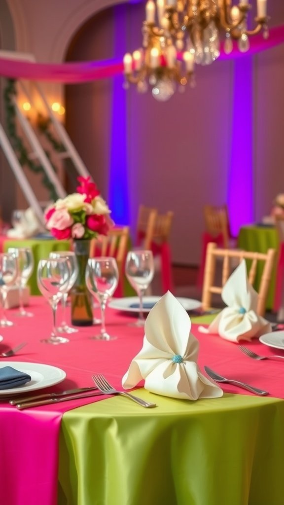 A beautifully set wedding table with colorful pink and green linens, elegant napkin designs, and floral arrangements.