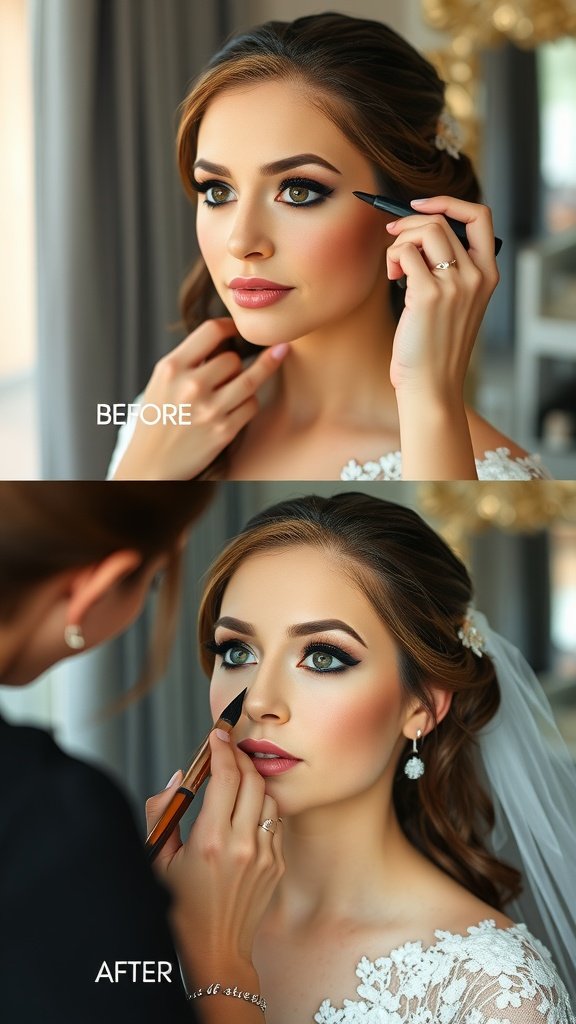 A bride before and after contouring makeup application, showing the transformation with a focus on facial features.