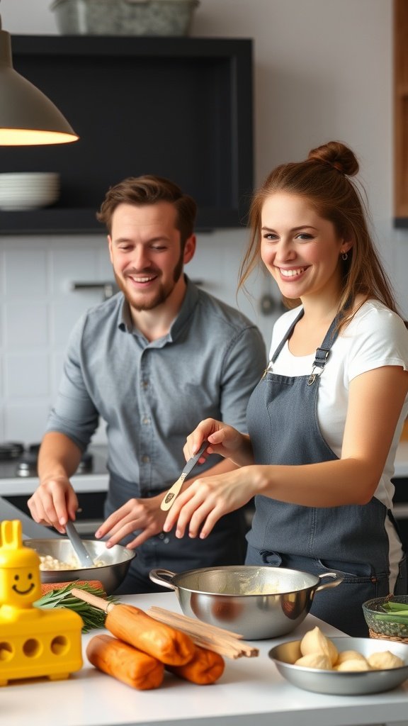 A couple cooking together in a modern kitchen, smiling and enjoying the process.
