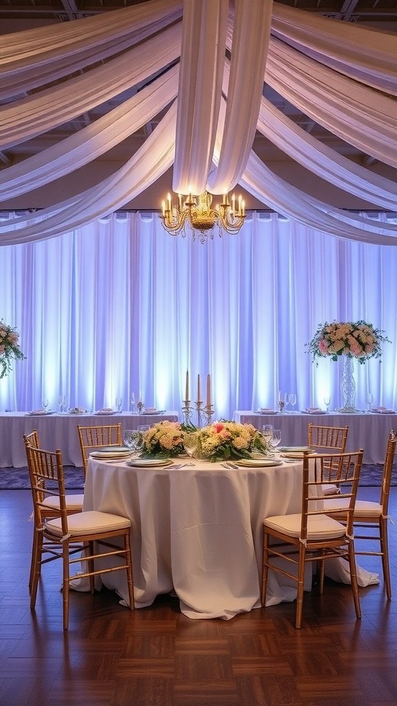 A beautifully set bride and groom table with floral arrangements, candles, and elegant seating.