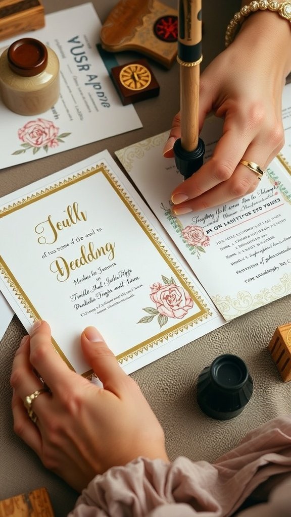A hand stamping a wedding invitation with a wax seal, surrounded by decorative materials and floral designs.