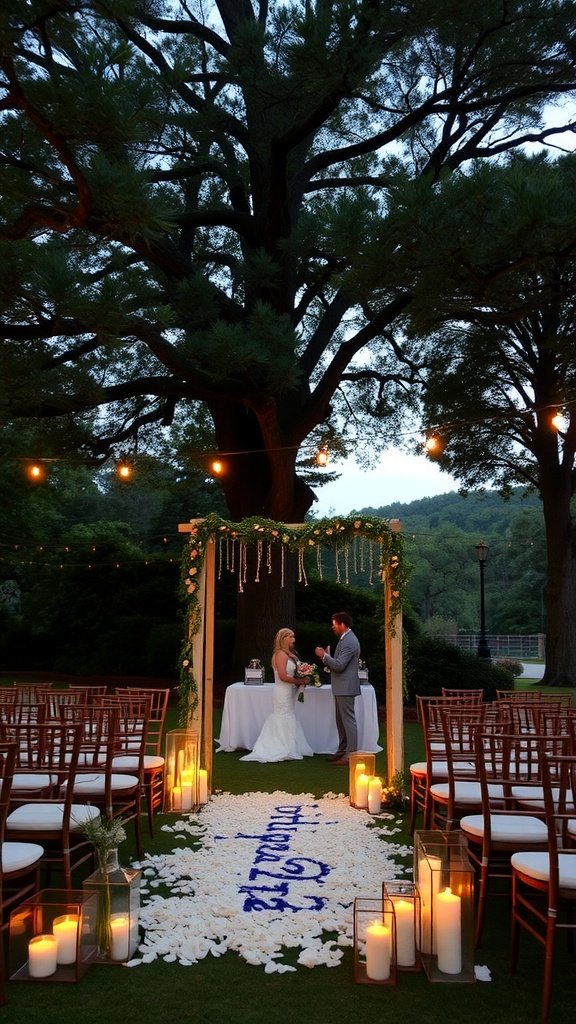 An outdoor wedding ceremony setup with a couple at the altar, surrounded by candles and petals under a large tree.