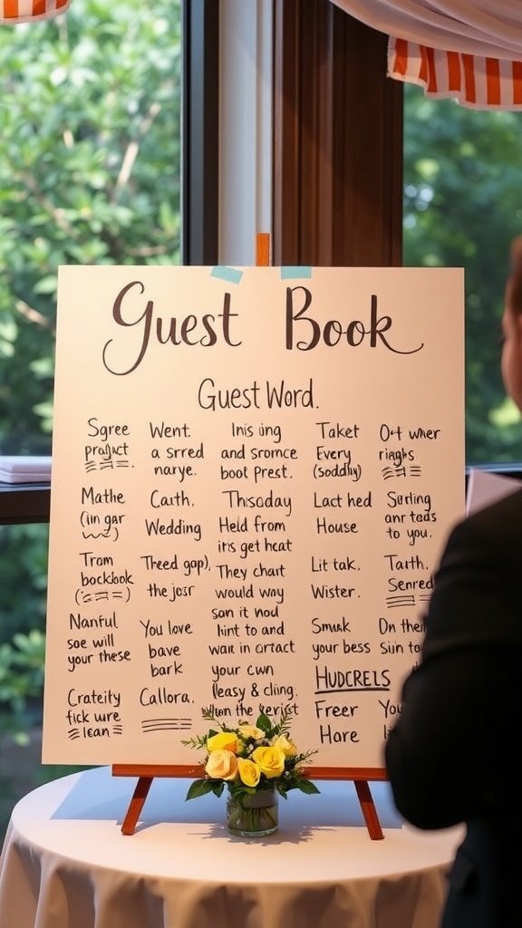 A unique guest book alternative for a wedding with a sign prompting guests to write their thoughts and words.