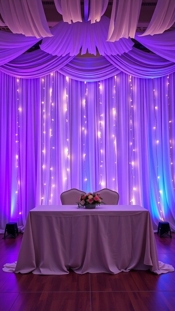 Elegant bride and groom table with purple and white drapes and fairy lights