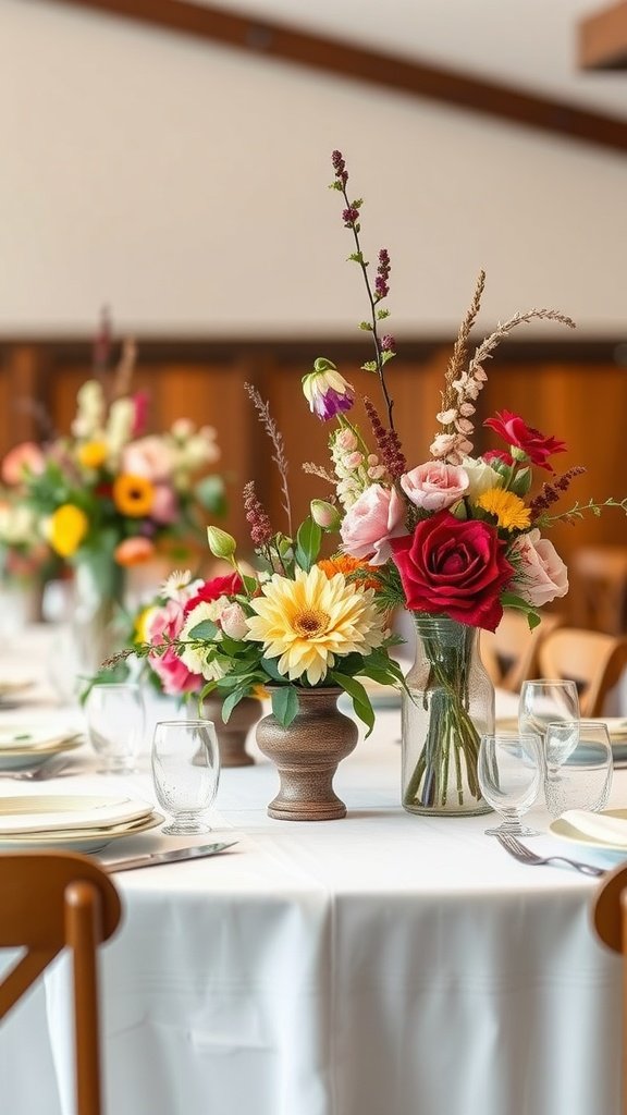 A table set with colorful flower centerpieces featuring sunflowers, roses, and greenery in rustic vases.