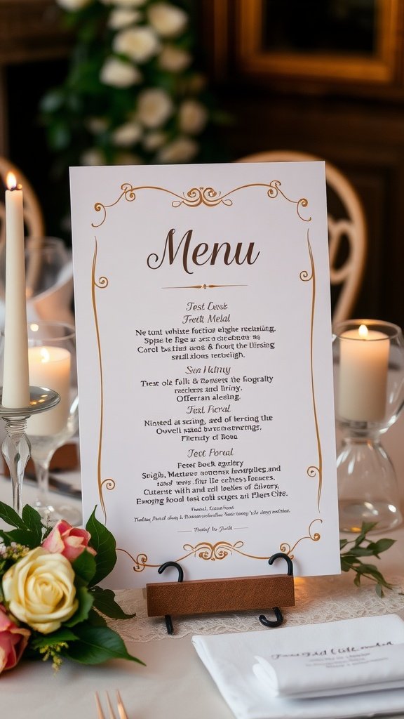 A beautifully displayed wedding menu with floral accents and candlelight.