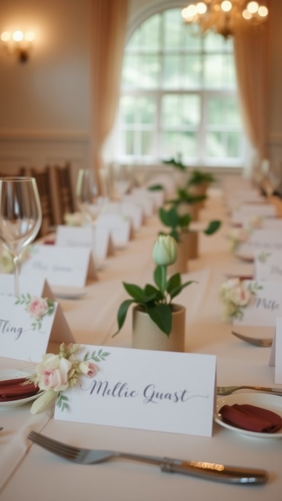 Elegant wedding table setting with creative place cards and floral accents