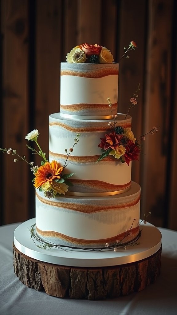 Luxury wedding cake with three tiers adorned with colorful flowers and gold accents on a wooden base.