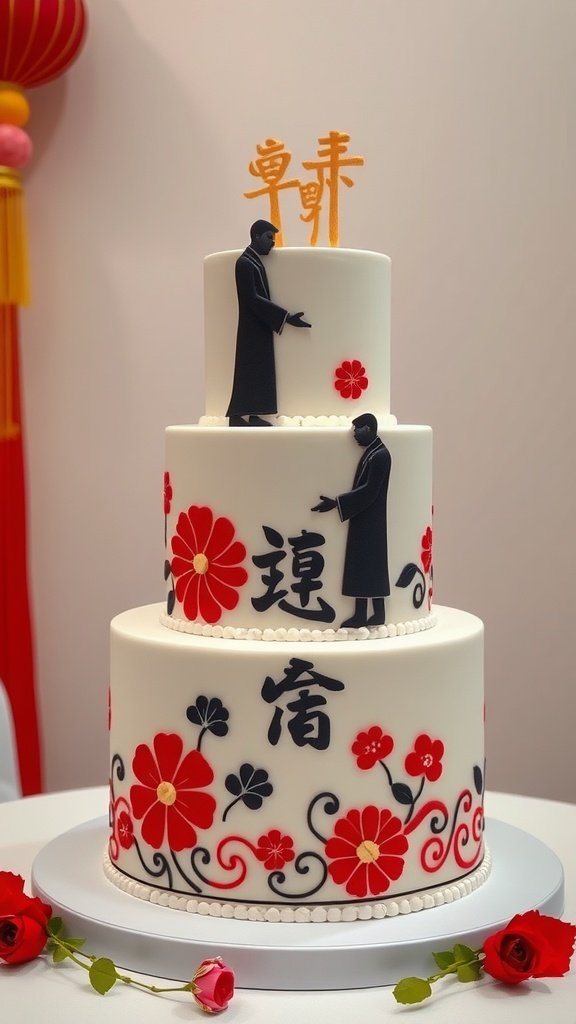 A modern wedding cake featuring cultural fusion elements with flowers and figures.