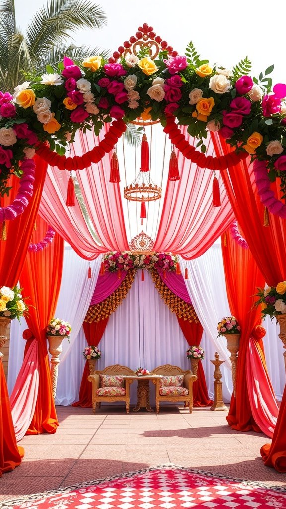 A colorful wedding arch decorated with flowers and drapery, featuring ornate seating beneath.