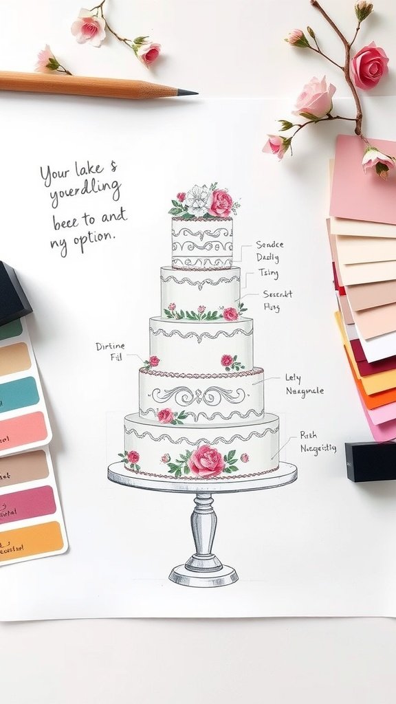 A hand-drawn design of a luxury wedding cake with floral decorations and color swatches.