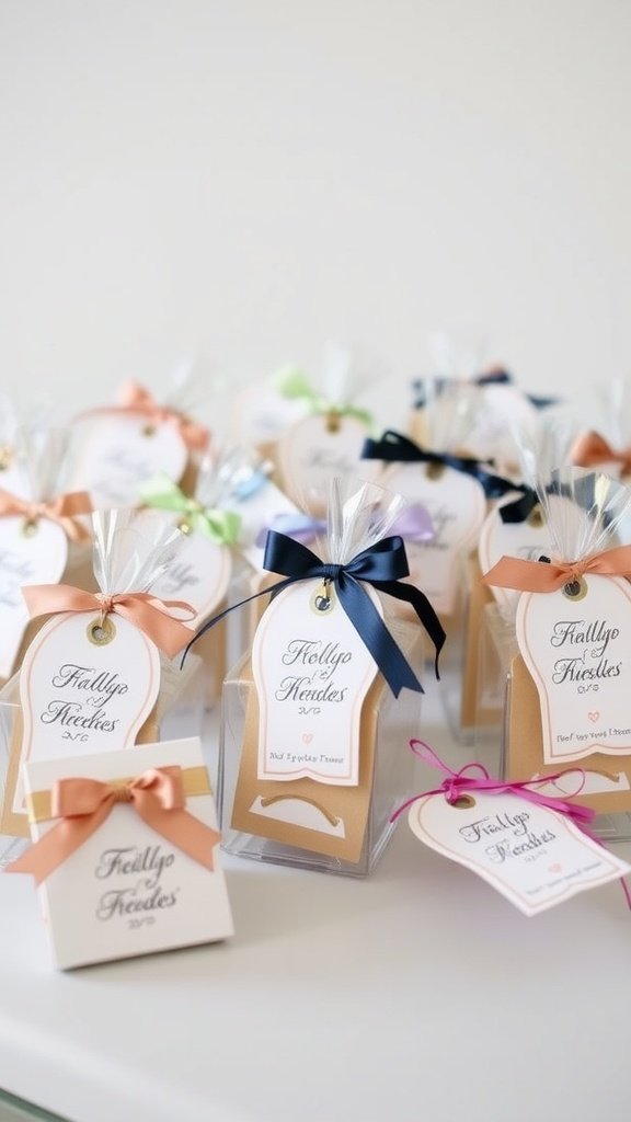 A variety of customizable wedding favor boxes with ribbons and tags.