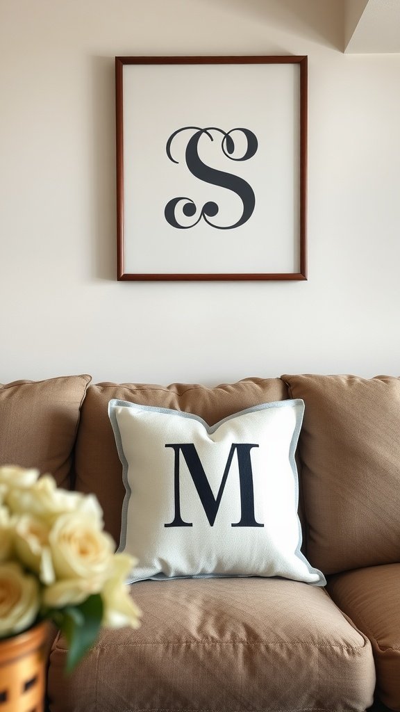 Customized home decor items featuring a pillow with the letter 'M' and framed art with the letter 'S'.