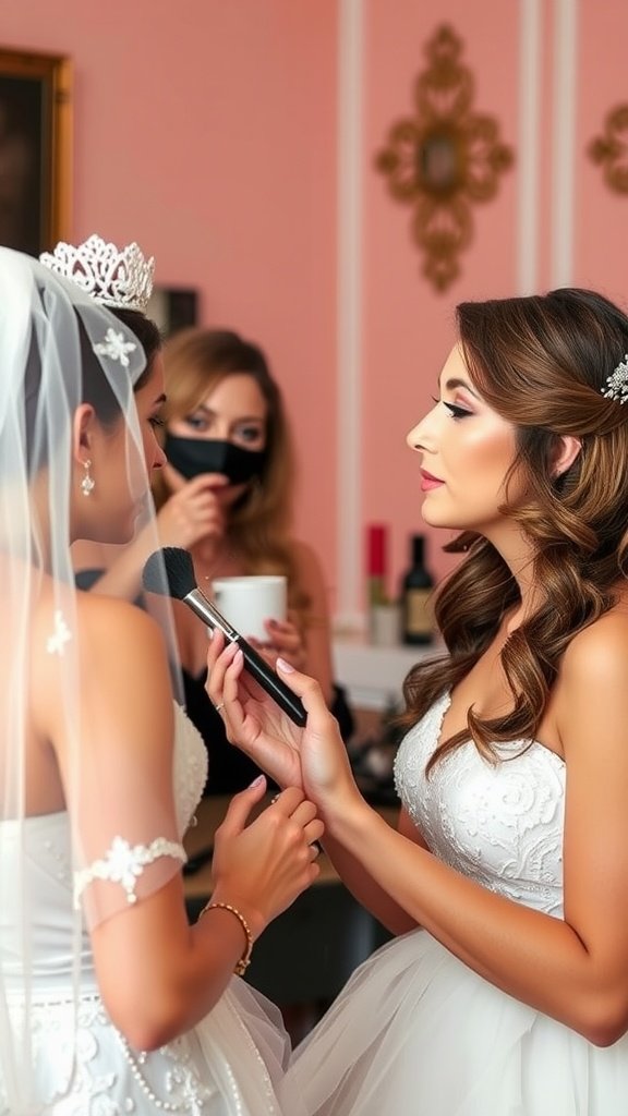 A bride receiving makeup application from a makeup artist, with a supportive friend in the background.