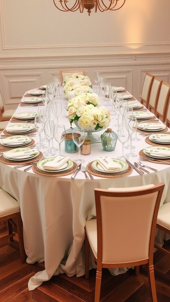 Wedding table set with diverse dinnerware, featuring round plates on woven chargers, elegant glassware, and a floral centerpiece.