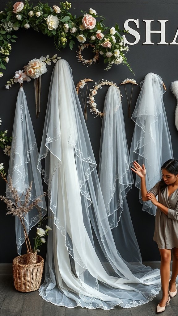 A display of bridal veils and floral accessories with a woman examining them