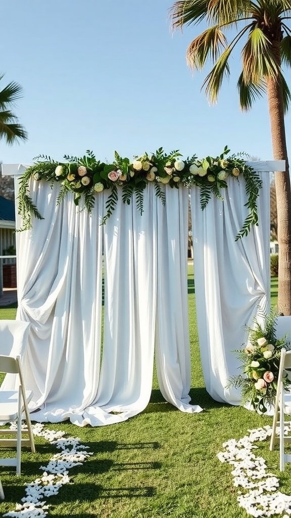A beautiful DIY wedding ceremony backdrop with white drapes and floral decorations