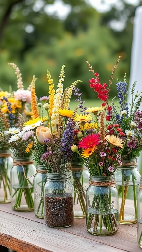 Colorful DIY floral arrangements in glass jars for an outdoor wedding.