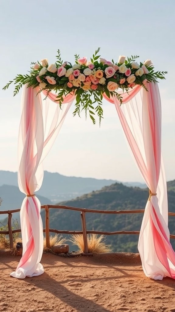 A beautifully decorated DIY wedding arch with pink and white flowers and flowing fabrics against a scenic background.