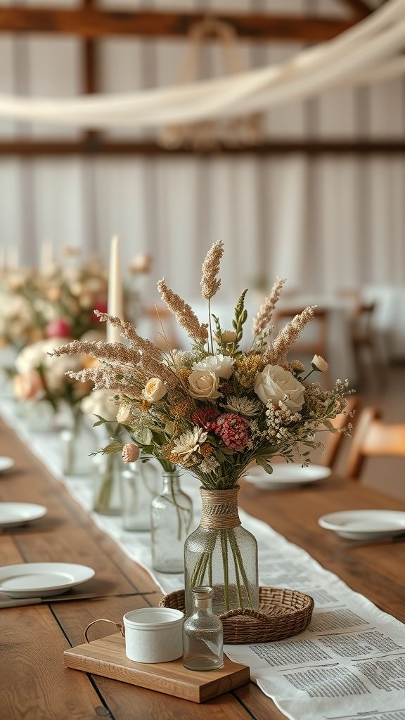 Rustic wedding centerpieces with dried flower bouquets in vintage vases on a wooden table.