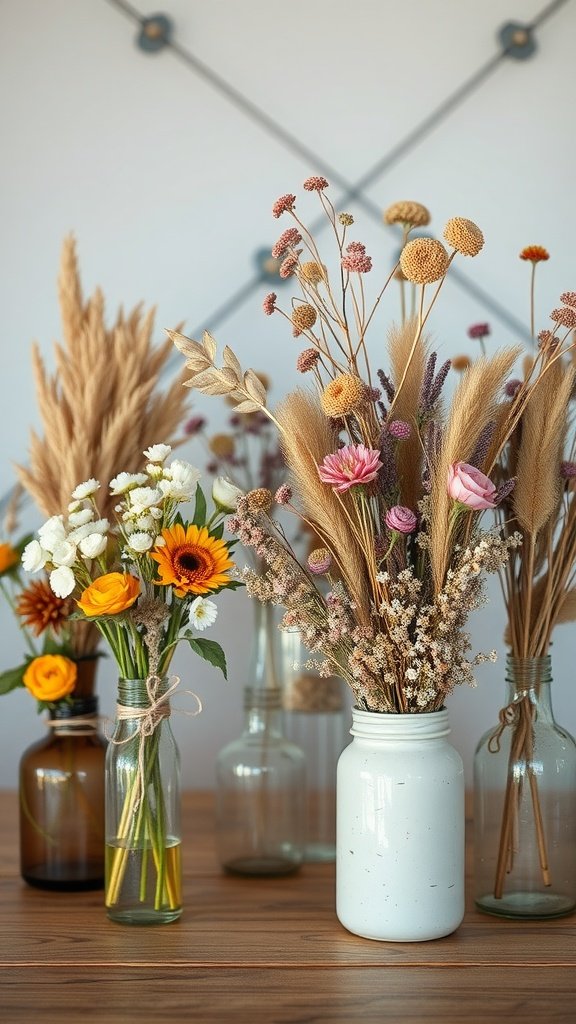 A variety of dried flower arrangements in glass bottles on a wooden table, showcasing a mix of colors and textures, ideal for vintage weddings.