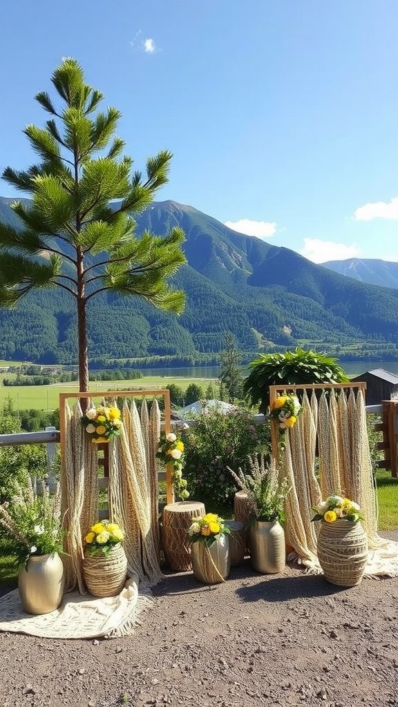 Outdoor wedding setup with wooden arches, vases, and vibrant flowers against a mountain backdrop.