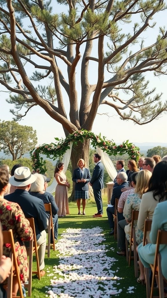 Outdoor wedding ceremony under a large tree with guests seated and floral decorations.