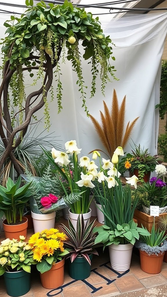 A variety of potted flowers and plants arranged for a wedding display, featuring vibrant colors and textures.